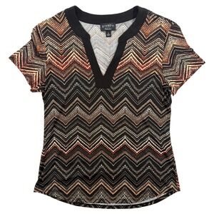 STITCH COLLECTION Womens S Black w/ Orange Accents Short Sleeve V Neck Top #1724